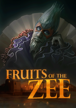 The poster for the Fruits of the Zee festival 2023 (1899), featuring the King in Coral - a greenish figure with blank eyes, spiked hair and beard, clothed in coral - seated on a shell throne above a well-lit coastal town with the words "Fruits of the Zee" superimposed in orange.
